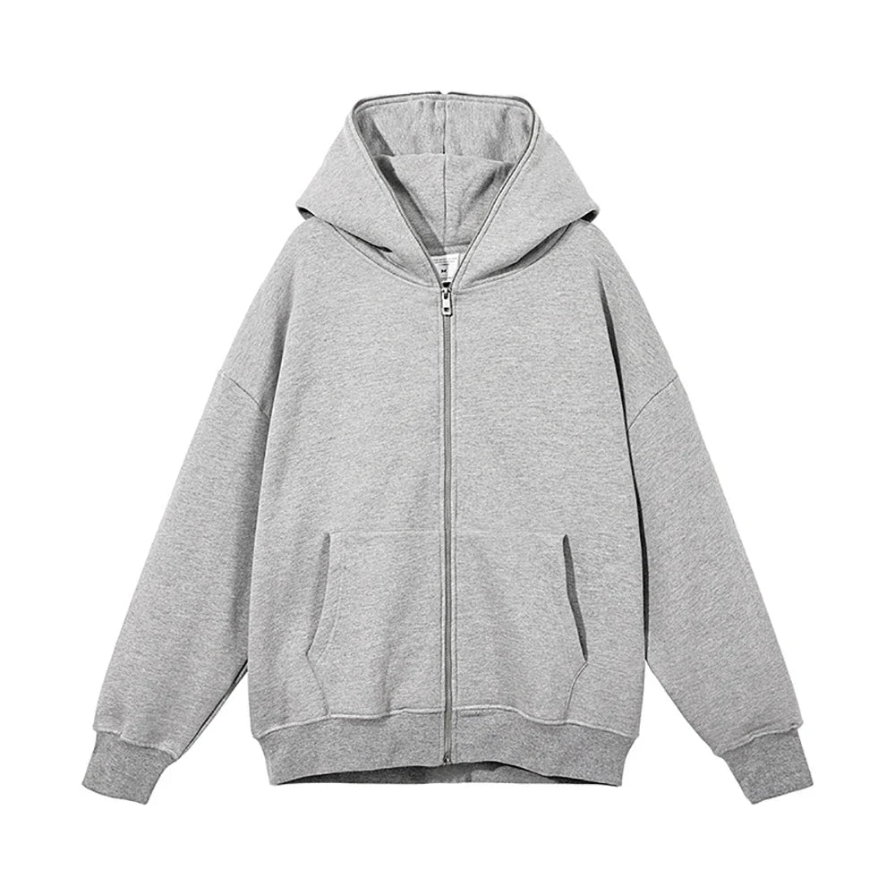 Men’s Harajuku Zip-Up Hoodie Jacket – Retro Black Oversized Long Sleeve Sweatshirt Coat