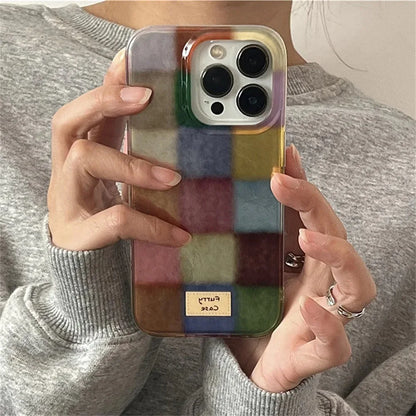 Cute Dopamine Color Block Plaid Clear Case – Checkered Soft Cover for iPhone 16, 15, 14, 13, 12, 11, Pro Max, XS, XR, SE, 7, 8 Plus