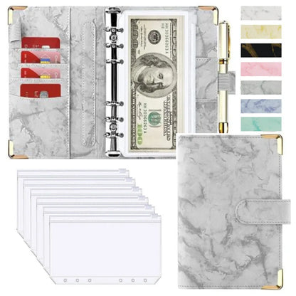 A6 Money Saving Organizer – PU Leather Budget Binder with Marble Notebook, 2023 Budget Planner, Envelope Office & School Supplies