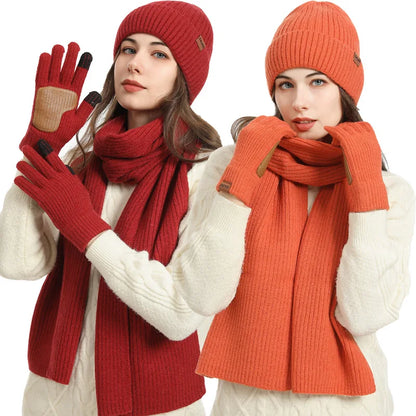 3-Piece Women’s Winter Set – Warm Knitted Beanie, Long Scarf & Gloves for Outdoor Sports, Skiing & Running