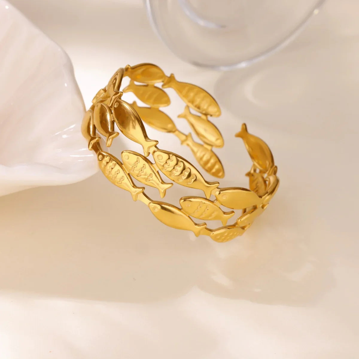 Punk Sunflower Fish Gold Stainless Steel Bracelet – Trendy Women’s Bangle Wedding Couple Jewelry