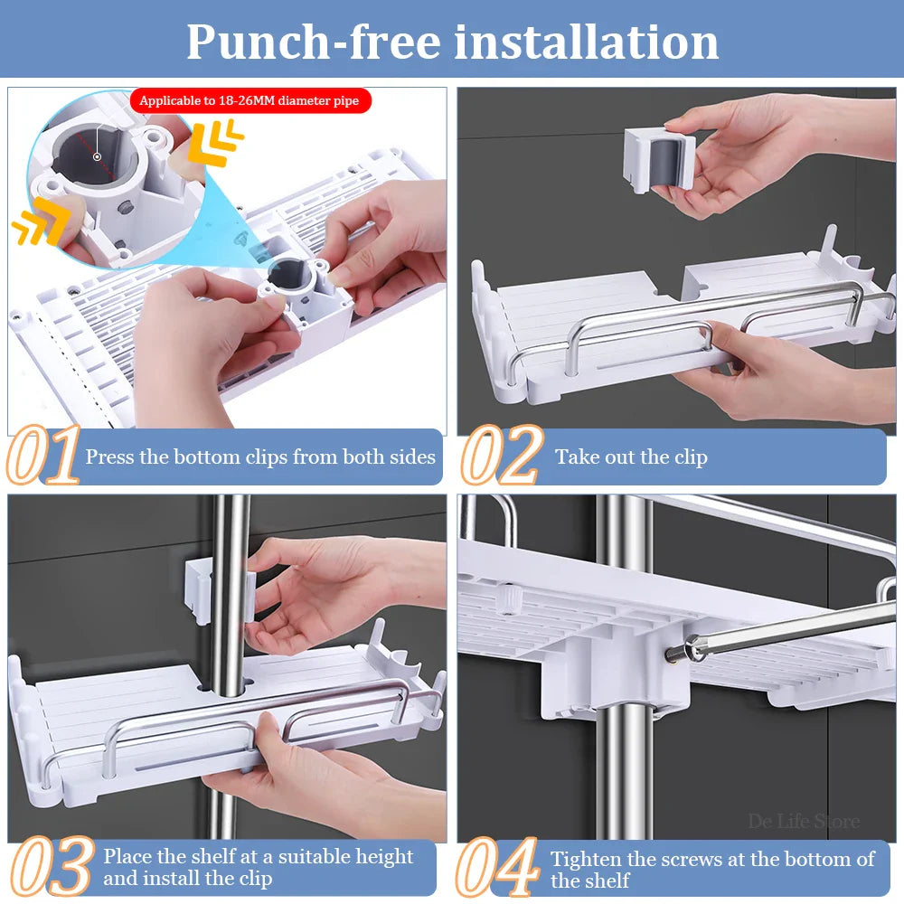 Extendable Shower Shelf — No-Drill Bathroom Storage Holder with Shampoo Tray, Wall-Mounted Accessories