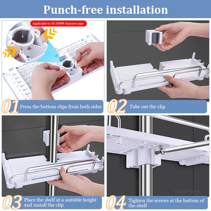 Extendable Shower Shelf — No-Drill Bathroom Storage Holder with Shampoo Tray, Wall-Mounted Accessories