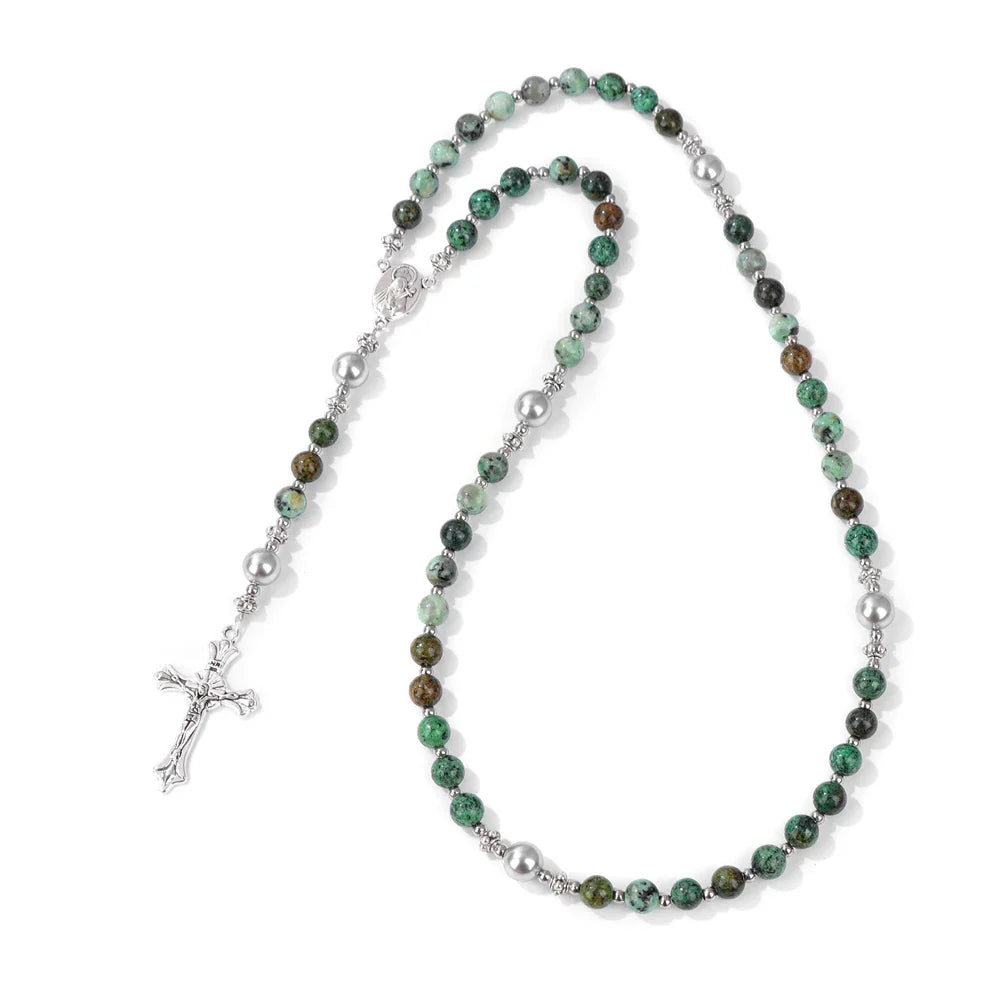 6mm Tiger Eye Rosary Beads Necklace – Catholic Jesus & Virgin Mary Pendant Long Knotted Chain Religious Jewelry for Men & Women