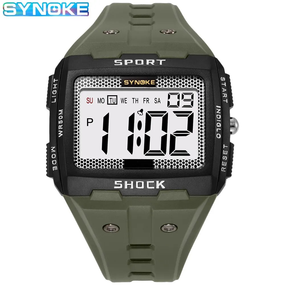 SYNOKE Men’s Sports Electronic Watch – Waterproof Night Glow Large Screen Square Outdoor Running & Camping Watch