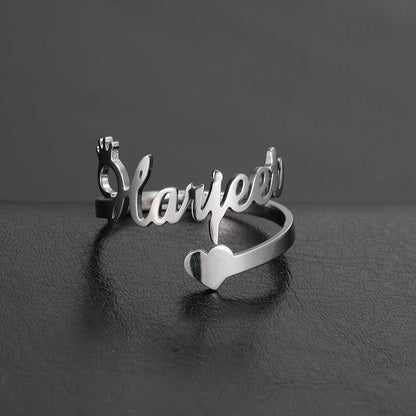 Custom Fishhook Double Name Finger Ring - Personalized Family & Couple Love Gift for Women & Men, Gold Stainless Steel Jewelry