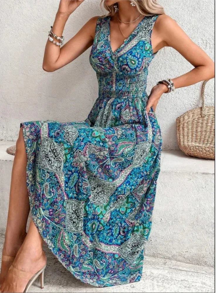 Women’s Summer Boho Dress – Sleeveless Printed Beach Party Dress, Elegant Casual Holiday Outfit for Women