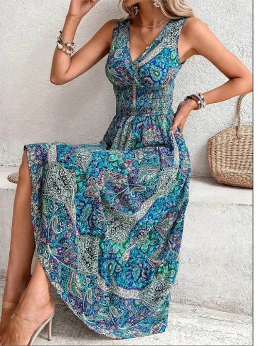 Women’s Summer Boho Dress – Sleeveless Printed Beach Party Dress, Elegant Casual Holiday Outfit for Women