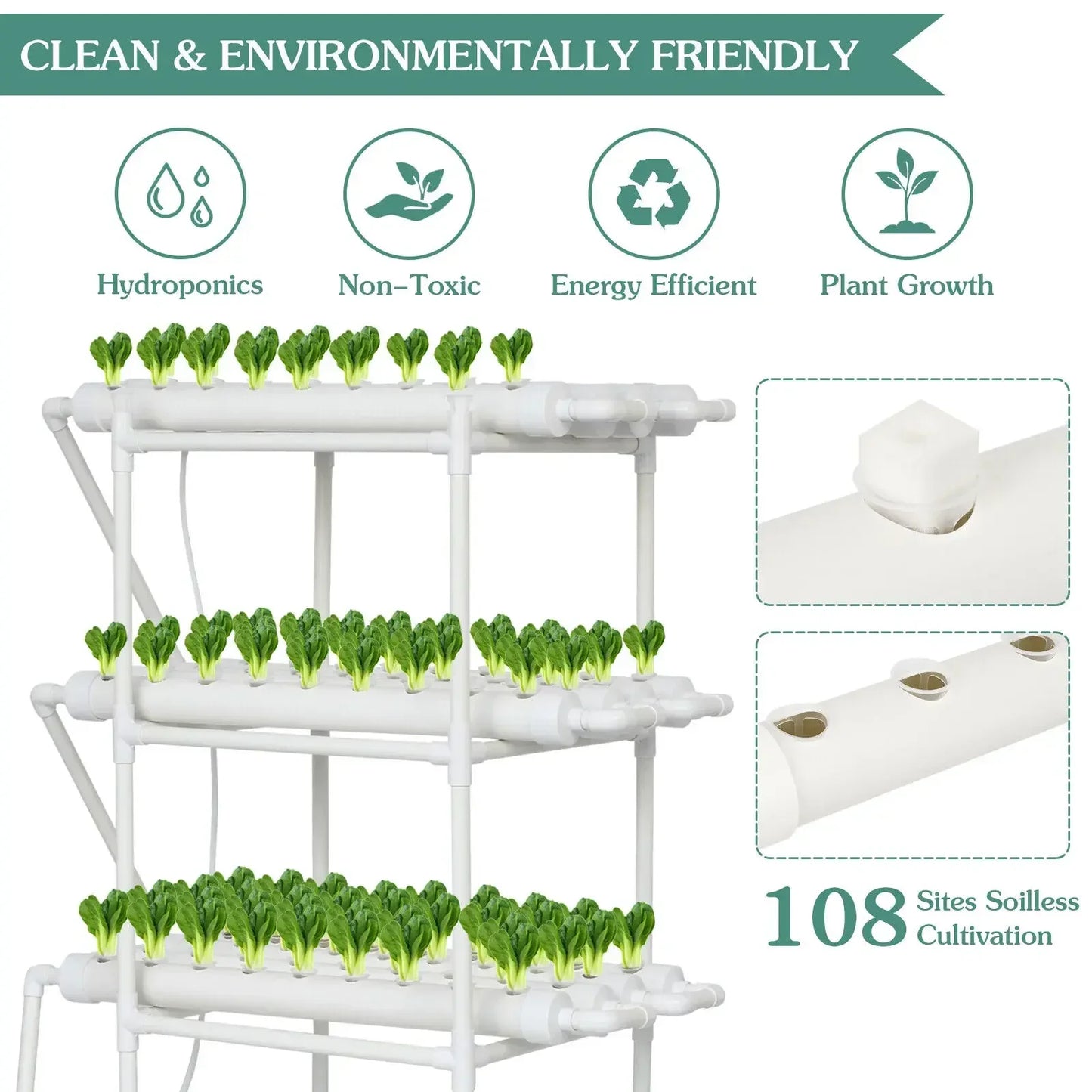 3 Layer Hydroponics Growing System – 108 Sites PVC Pipe Soilless Cultivation Kit for Vegetables & Herbs