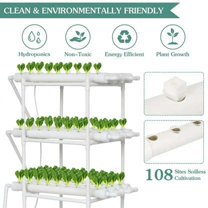 3 Layer Hydroponics Growing System – 108 Sites PVC Pipe Soilless Cultivation Kit for Vegetables & Herbs