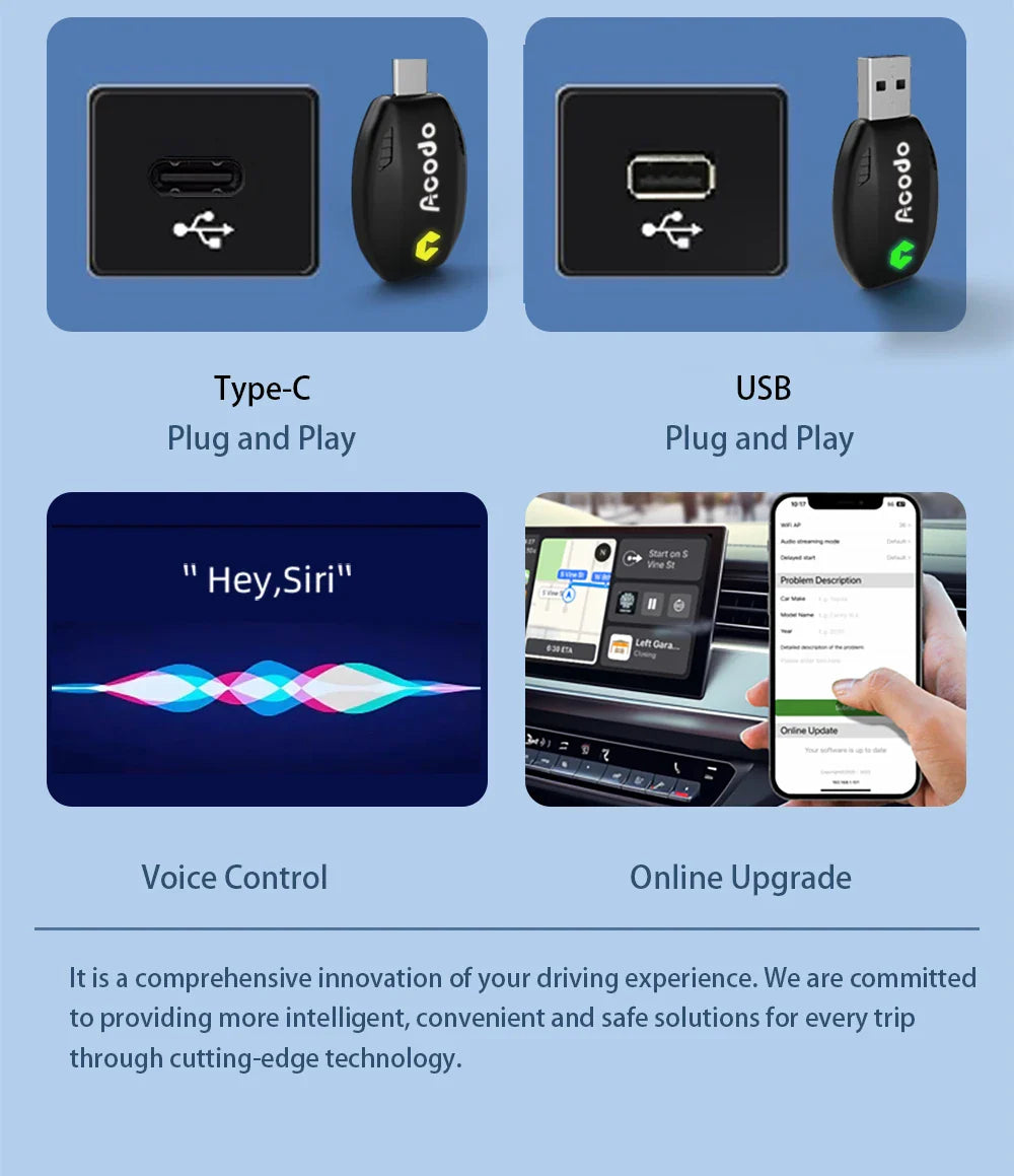 Acodo Wired to Wireless CarPlay Dongle – Android Auto Adapter, Fast WiFi, USB Type-C Plug & Play