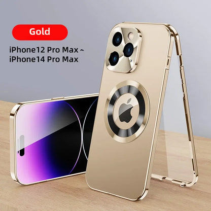 Magnetic Absorption Phone Case for iPhone 16/15/14/13 Pro Max – Aluminum Alloy & Glass Full-Body, Anti-Fall Protection