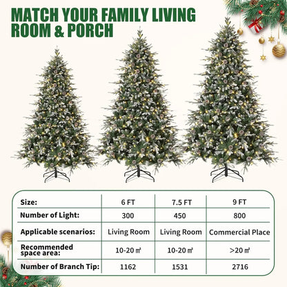 Pre-Lit Snow Flocked Christmas Tree with LED Lights & Pine Cones — 6ft/7.5ft/9ft Artificial Holiday Tree for Home Decor