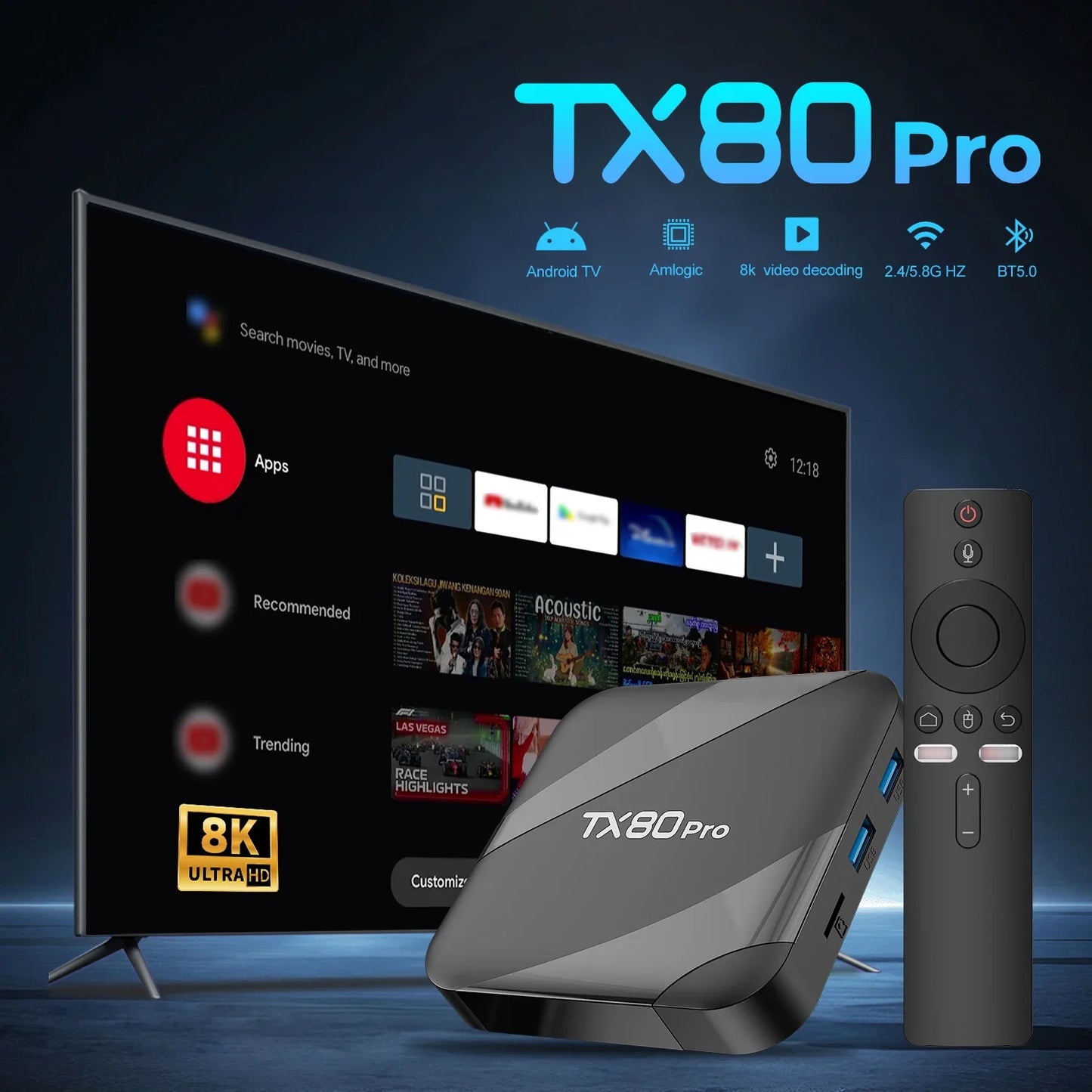 TX80 PRO Android TV Box 16GB+256GB Quad-Core ARM Cortex-A53 4K UHD Streaming Media Player with Dual-Band WiFi & Mali-450 GPU