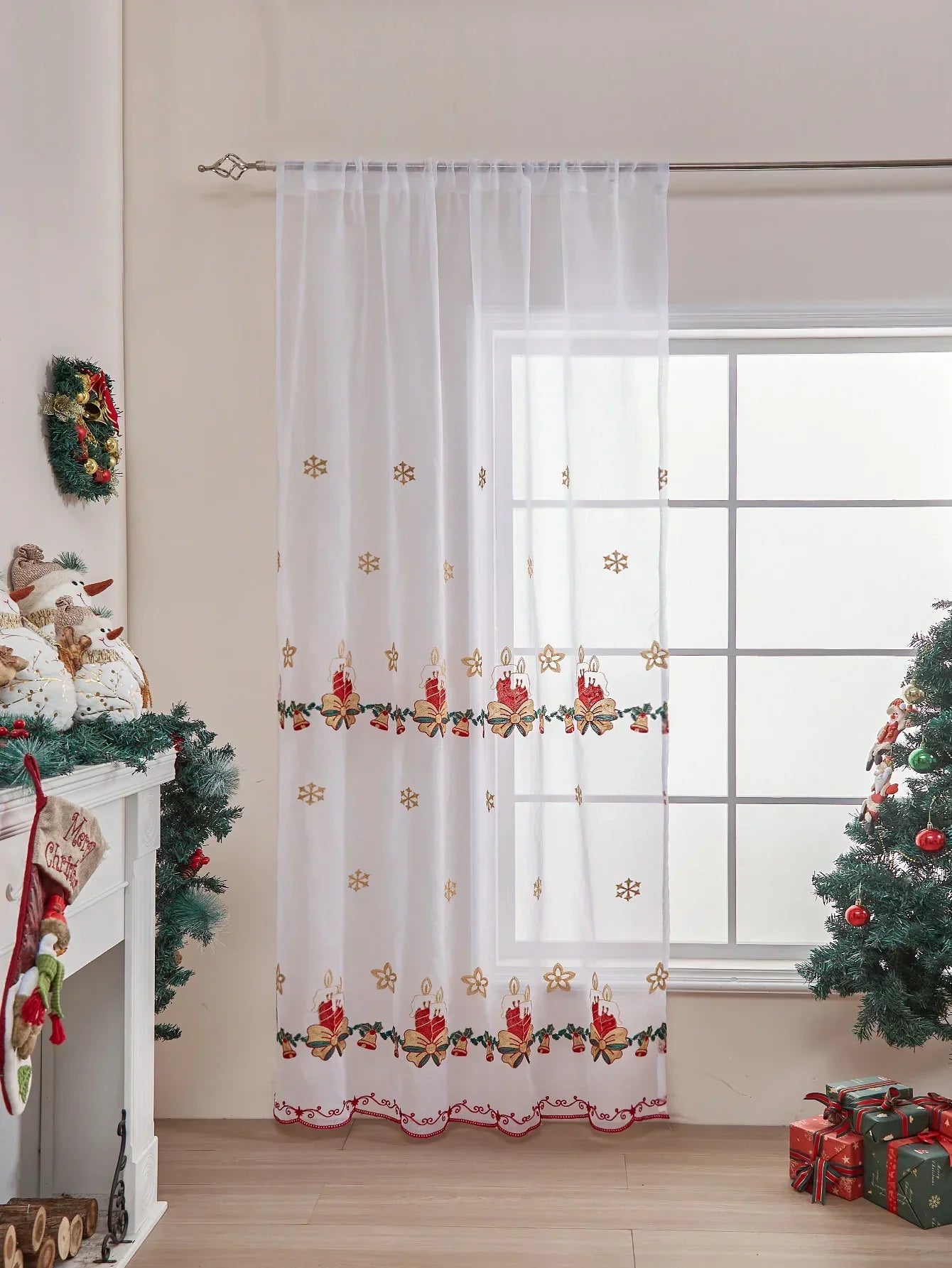 Snowflake Embroidered Tulle Curtain - Christmas Window Screen Sheer Decor for Living Room Bedroom