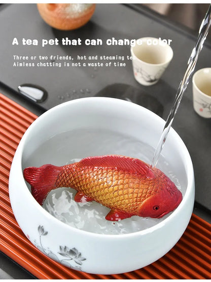 Colour-Changing Koi Carp Tea Table Ornaments – Creative Zen Desktop Decorations, Two Fish Report Happiness Teaware Accessories