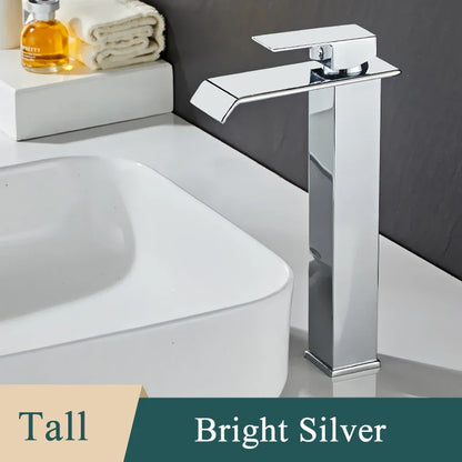 Bathroom Basin Sink Faucet - Deck Mount Waterfall Spout Tap with Single Handle, Hot & Cold Water Mixer for Vanity Washbasin