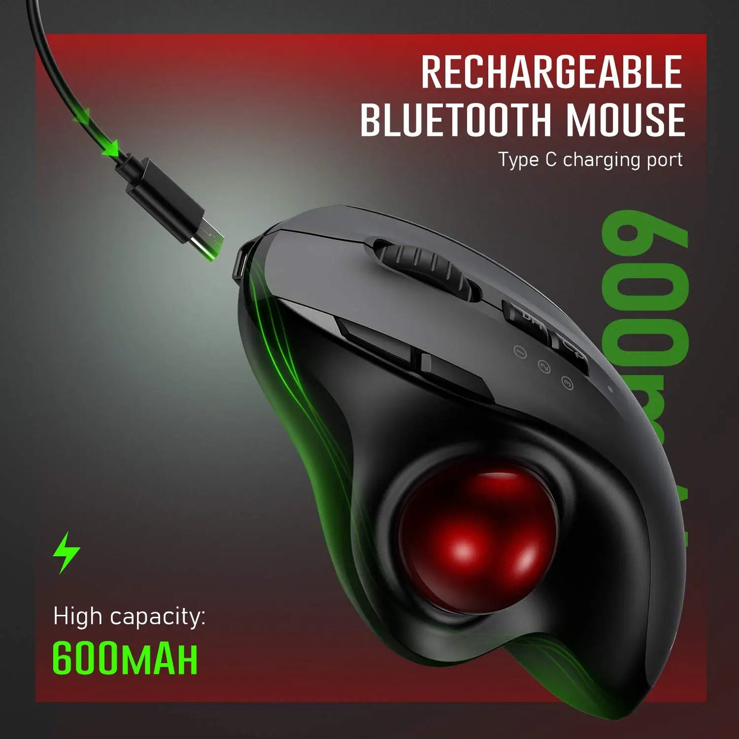 Wireless Rechargeable Trackball Mouse - Bluetooth 2.4G USB Ergonomic Mice for Computer, Android, Windows, 3 Adjustable DPI
