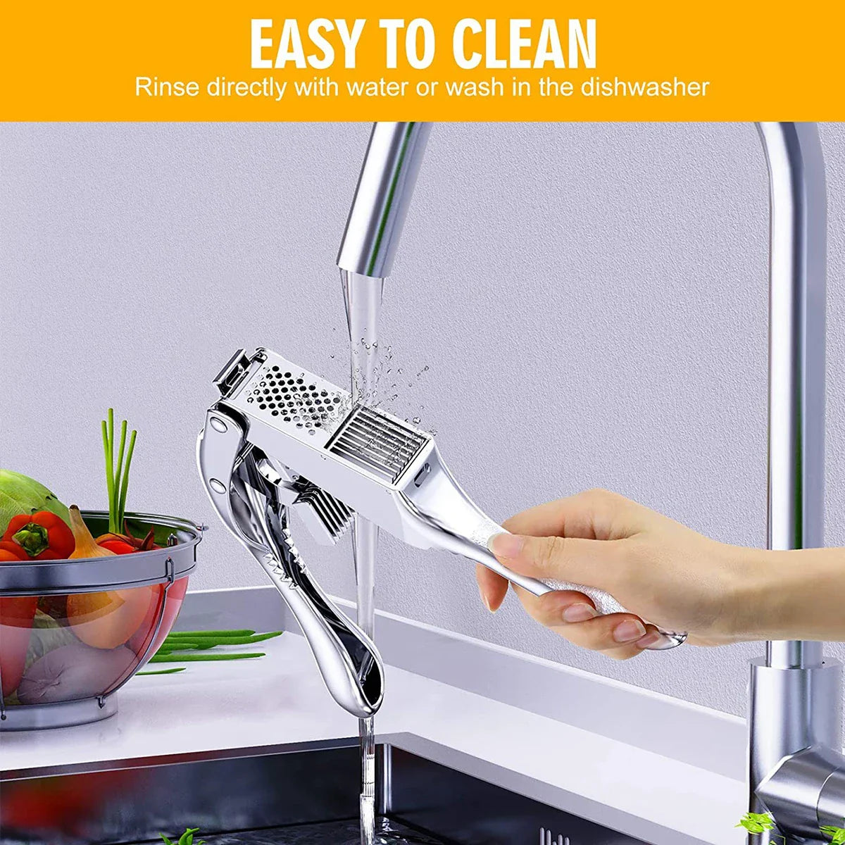 Stainless Steel 2-in-1 Garlic Press and Slicer – Handheld Garlic Crusher Mincer Kitchen Tool