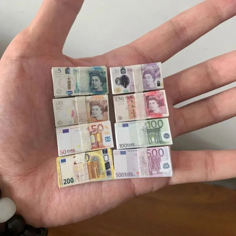 5PCS Mini Dollar & Euro Fake Money Banknotes – Miniature Props for Kids Dollhouse & Decoration