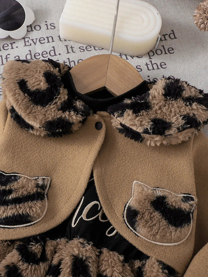 Baby Girl Leopard Print Plush Dress Set - Warm Lapel Short Coat Two-Piece Outfit for Autumn & Winter