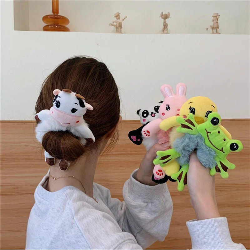 Cute Plush Animal Hair Bands | Frog, Panda & Cat Elastic Hair Ties for Women & Girls