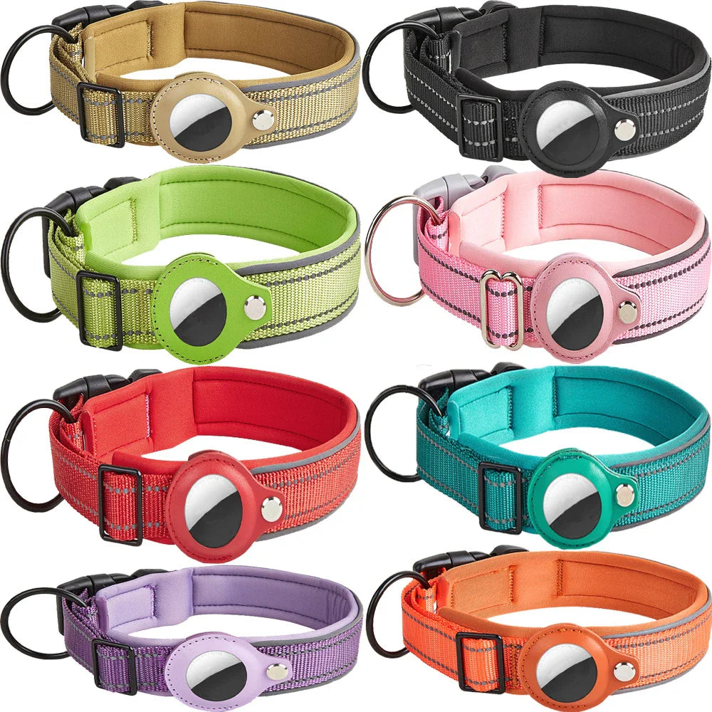 Reflective Heavy-Duty Dog Collar with Adjustable AirTag Holder — For Small, Medium & Large Dogs