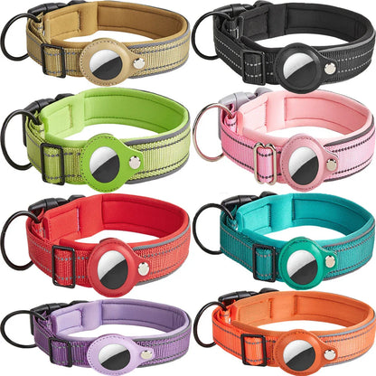 Reflective Heavy-Duty Dog Collar with Adjustable AirTag Holder — For Small, Medium & Large Dogs