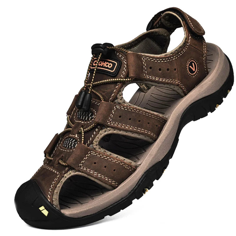 CLOHOO Men's Leather Sandals - Handmade Thick Sole Breathable Slip-On Beach Shoes