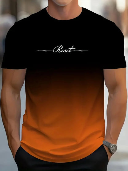 Men's Gradient 3D Printed T-Shirt – Reset Letter Design, Quick Drying, Casual Sports Summer Top (Plus Size)