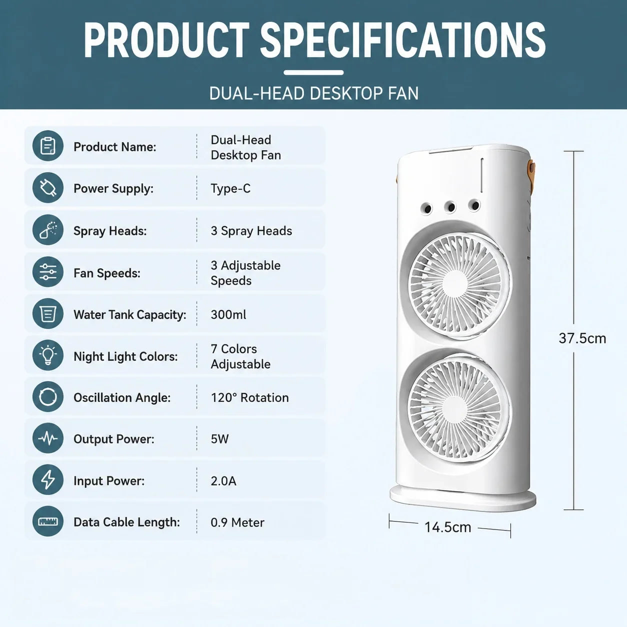 3-in-1 Portable Air Cooler Fan - Dual Head Cooling Fan with LED Night Light & Humidifier for Home and Office