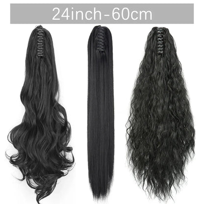 Long Straight Synthetic Claw Clip-On Ponytail Hair Extensions: 24-Inch Heat Resistant Pony Tail Hairpiece - for Daily Party Wear, Women