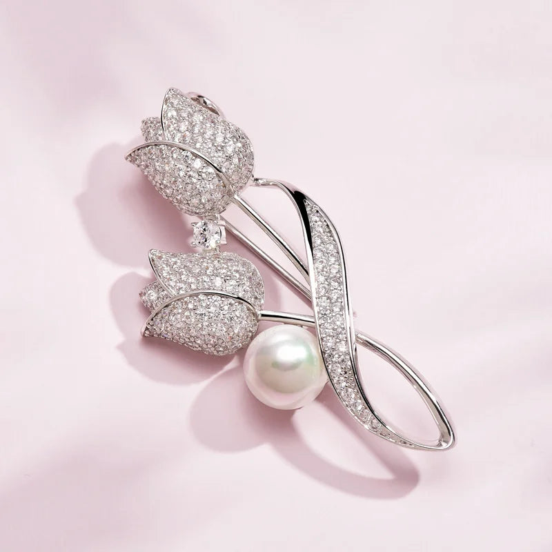 Luxury Tulip Flower Brooch Pin with White Stone – Elegant Rose Floral Jewelry for Women (2023 Design)