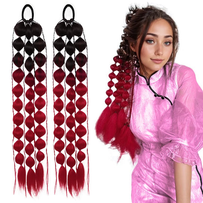 Lantern Bubble Ponytail Extension – 20" Ombre Twisted Braid with Elastic Band for Women