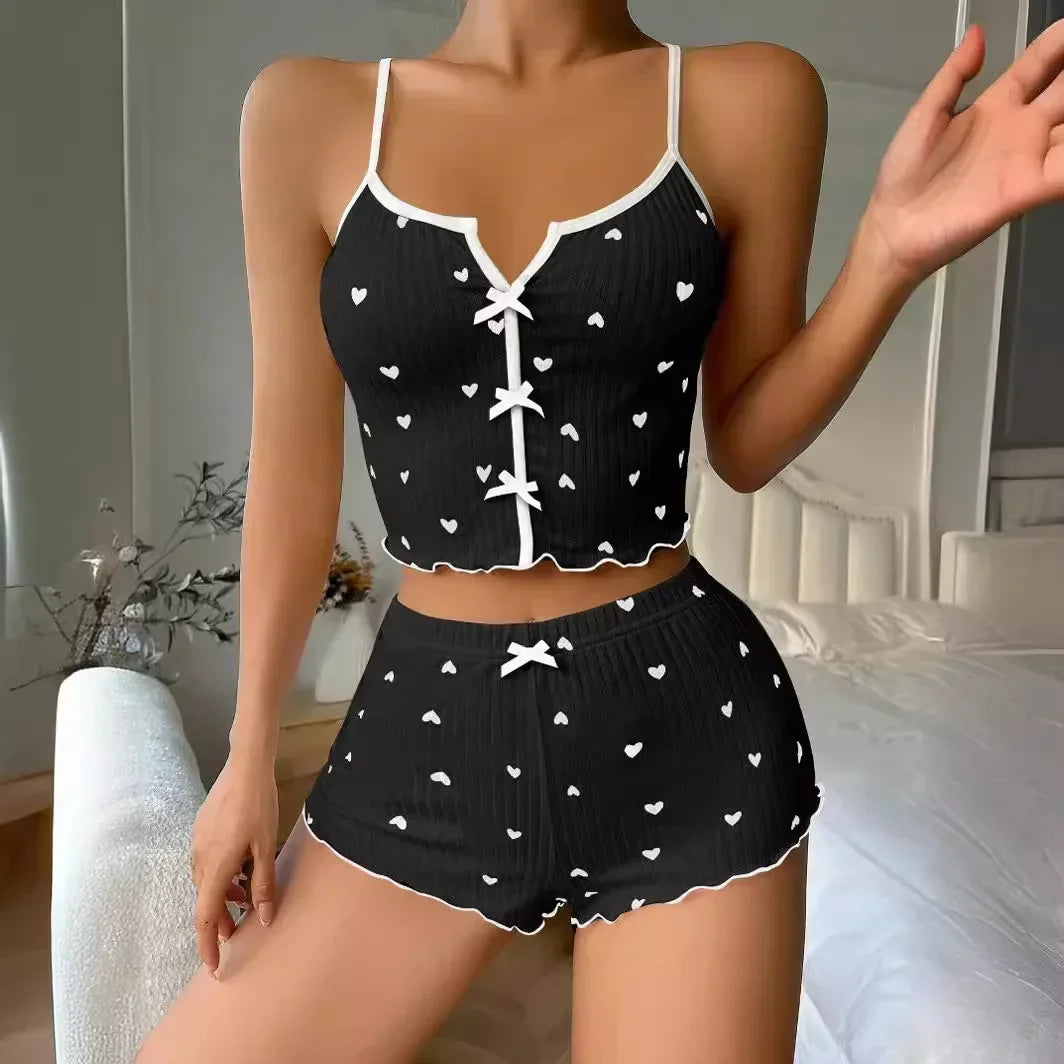 Women’s Heart Print Pajama Set – Soft Ribbed Cami Top & Shorts Sleepwear with Frill Trim Casual Loungewear Set
