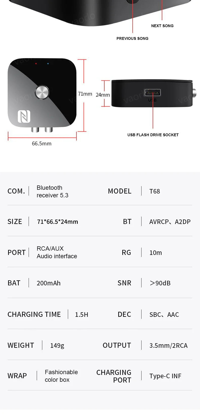 NFC Bluetooth 5.3 Audio Receiver – 3.5mm AUX, RCA Stereo, Lossless HIFI Music Wireless Adapter with USB U-Disk Play & Remote Control