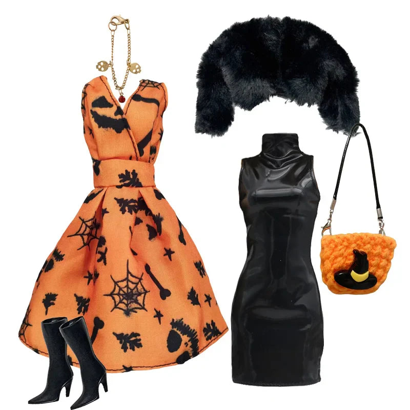 1/6 Doll Halloween Cosplay Outfit – Witch Dress, Cap, Belt, Bag & Broom for 12" BJD / 30cm Dolls