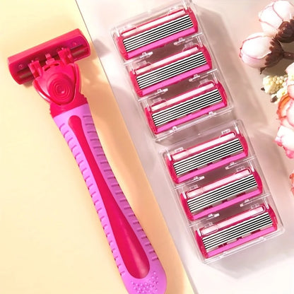 Women’s Manual Safety Razor Set – 1 Handle + 18pcs 6-Layer Stainless Steel Replaceable Blades
