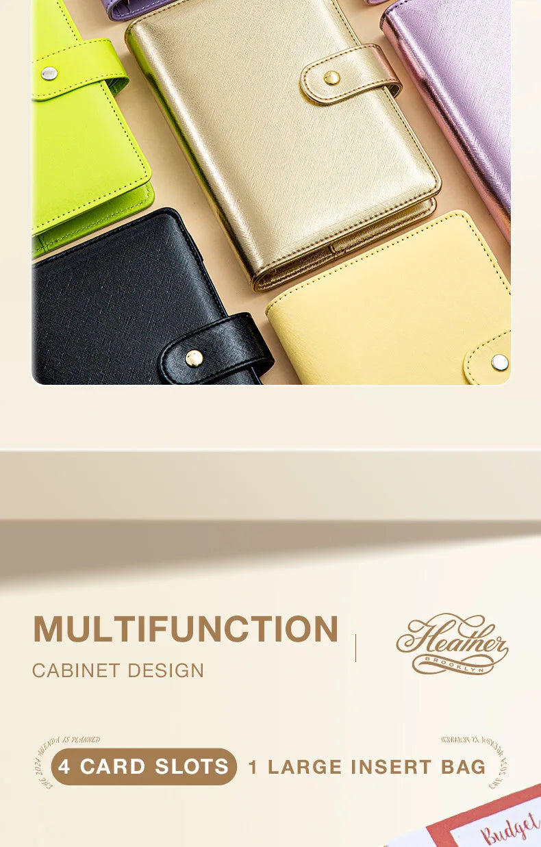 A6 Gold Ring Budget Planner Binder – Gold, Purple & Black with Zipper Cash Envelopes for Money Organization