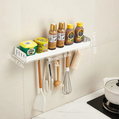 Wall-Mounted Kitchen Spice Rack Organizer with Hanging Hooks – Kitchen Storage Shelf for Condiments