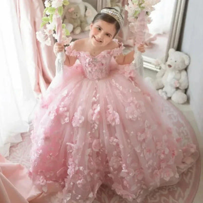 Pink Flower Girl Dress - 3D Floral Applique Pearl Tulle Gown for Weddings & Parties