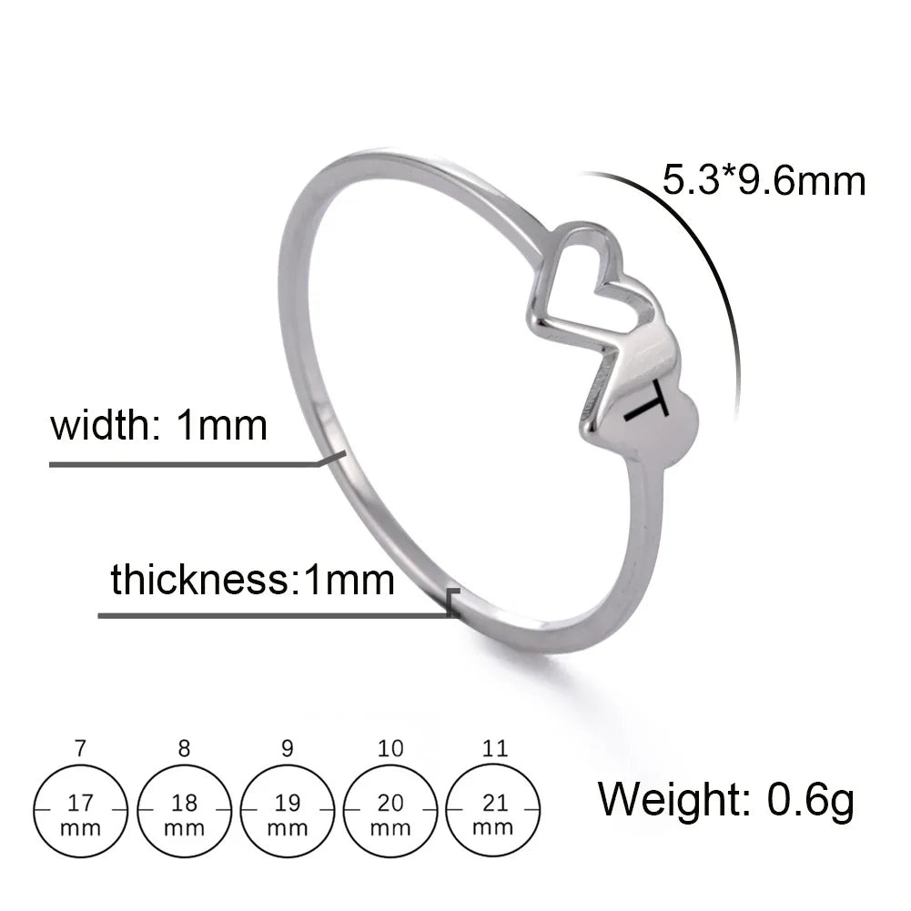 HIPEE Stainless Steel Letter Ring - A-Z Alphabet Double Heart Hollow Charm Ring for Women Wedding Jewelry Gift