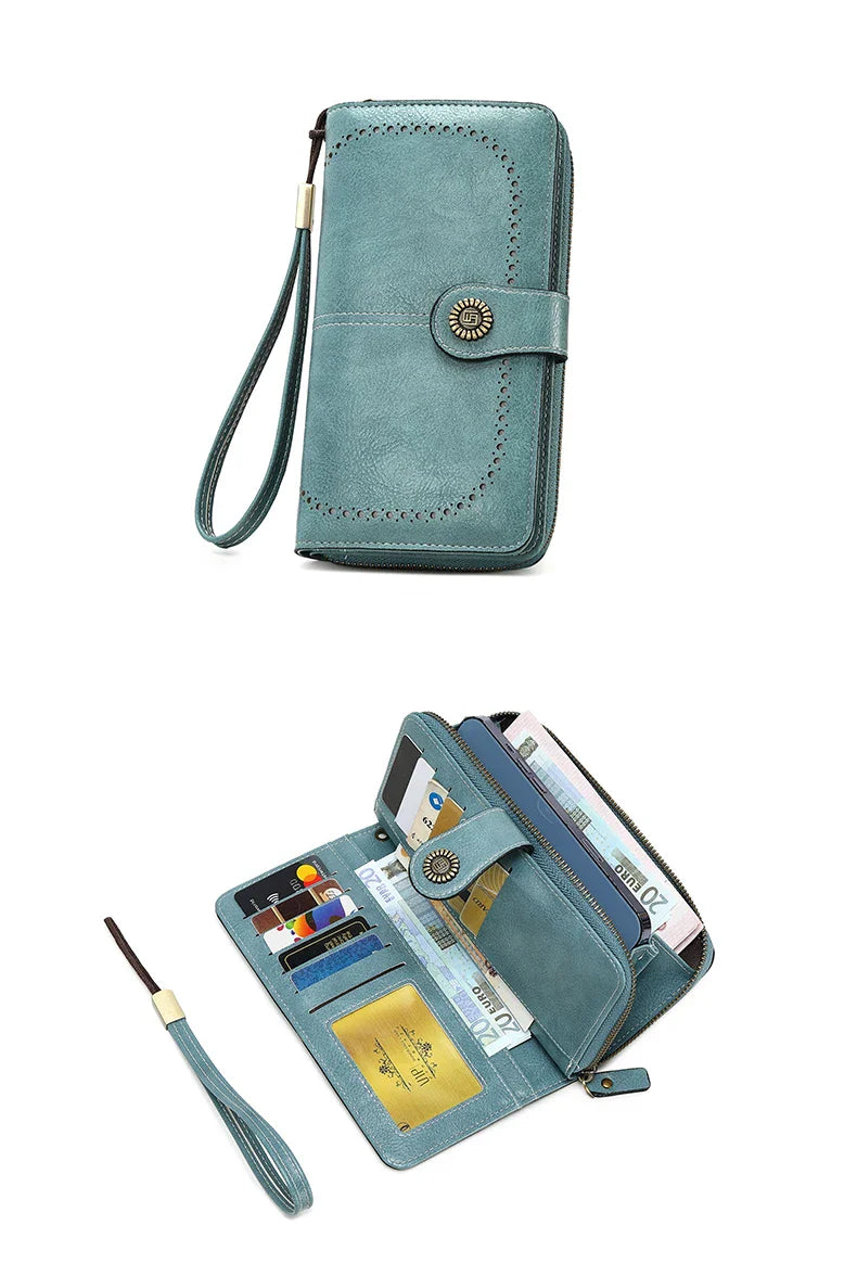 Vintage Large Capacity Women's Purse – Monochromatic Multi-Card Long Wallet with Zipper & Wrist Strap