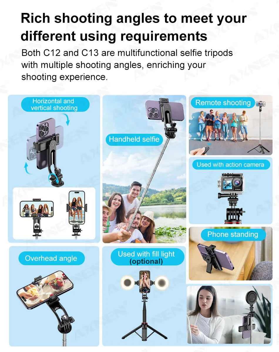 AXNEN Mobile Phone Tripod C12/C13 – 1325mm Stand for Cellphone & GoPro, with Wireless Bluetooth Remote for Live Streaming