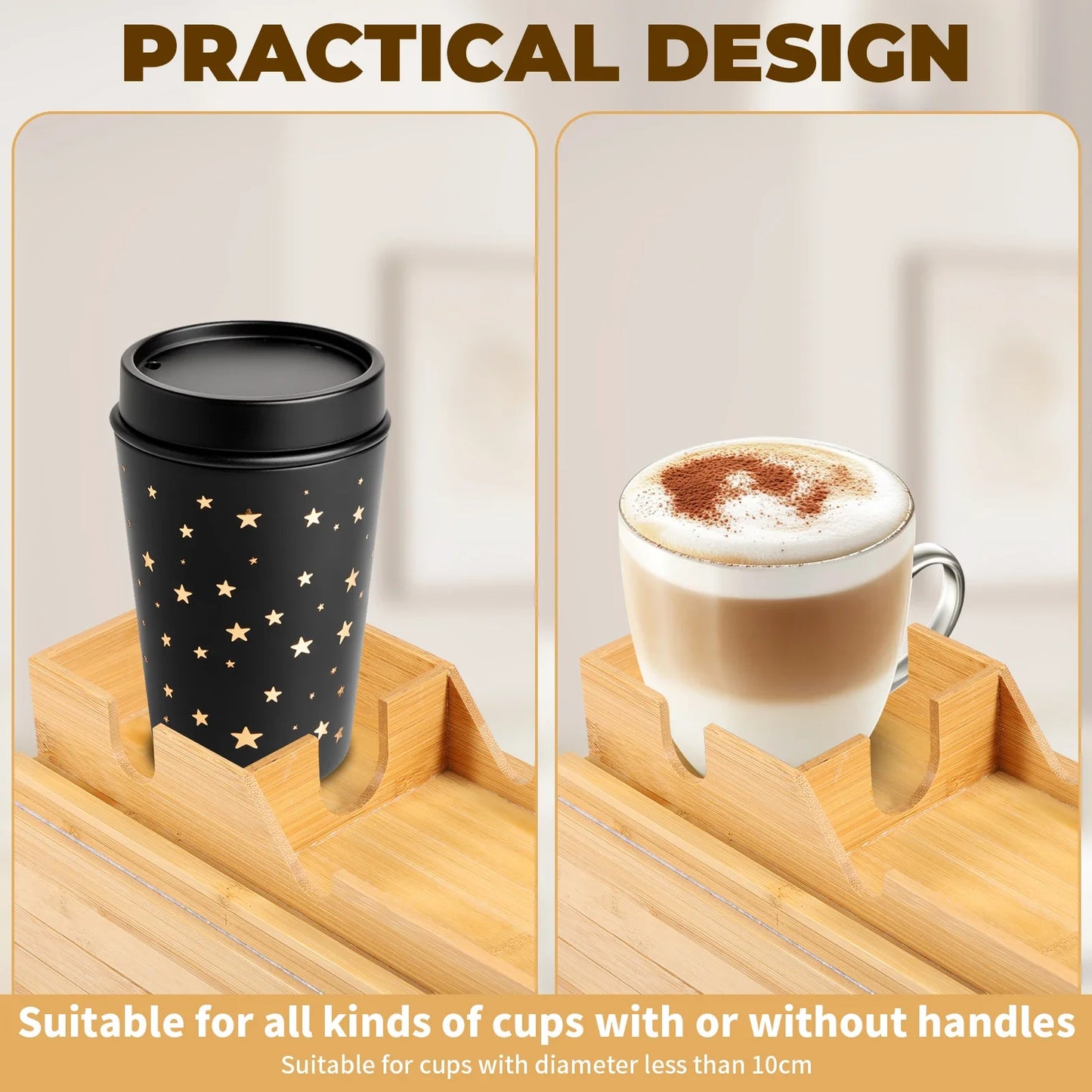 Bamboo Couch Cup Holder with Side Storage Pocket – Anti-Slip Foldable Sofa Armrest Tray for Cups, Snacks & Drinks