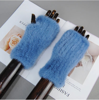 Women’s Winter Mink Fur Gloves – 100% Natural Fingerless Knitted Mittens for Warmth