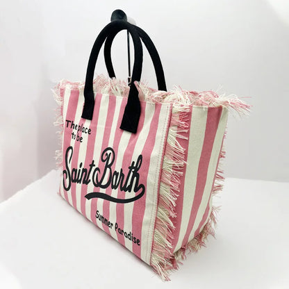 SAINT BARTH Autumn Winter Plush Towel Bag – Women’s Large Capacity Striped Casual Handbag with Tassel