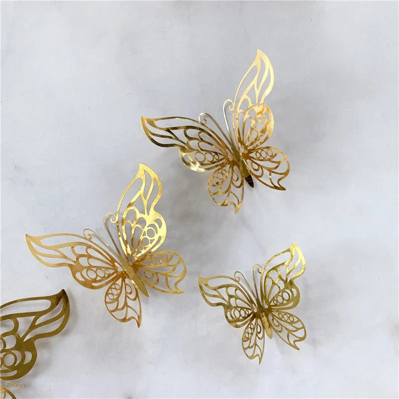 12PCS 3D Hollow Butterfly Wall Stickers – Gold, Silver & Rose Decorative Decals for Wedding, Living Room & Home Decor