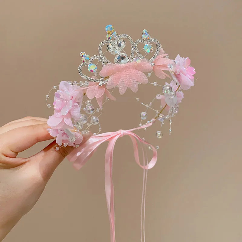 Girls Flower Wreath Crown - Rhinestone Fairy Princess Headband for Weddings & Birthdays