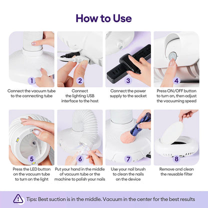 130W Brushless Nail Dust Collector – Double-Use Nail Art Vacuum with Tube Elbow for Manicure